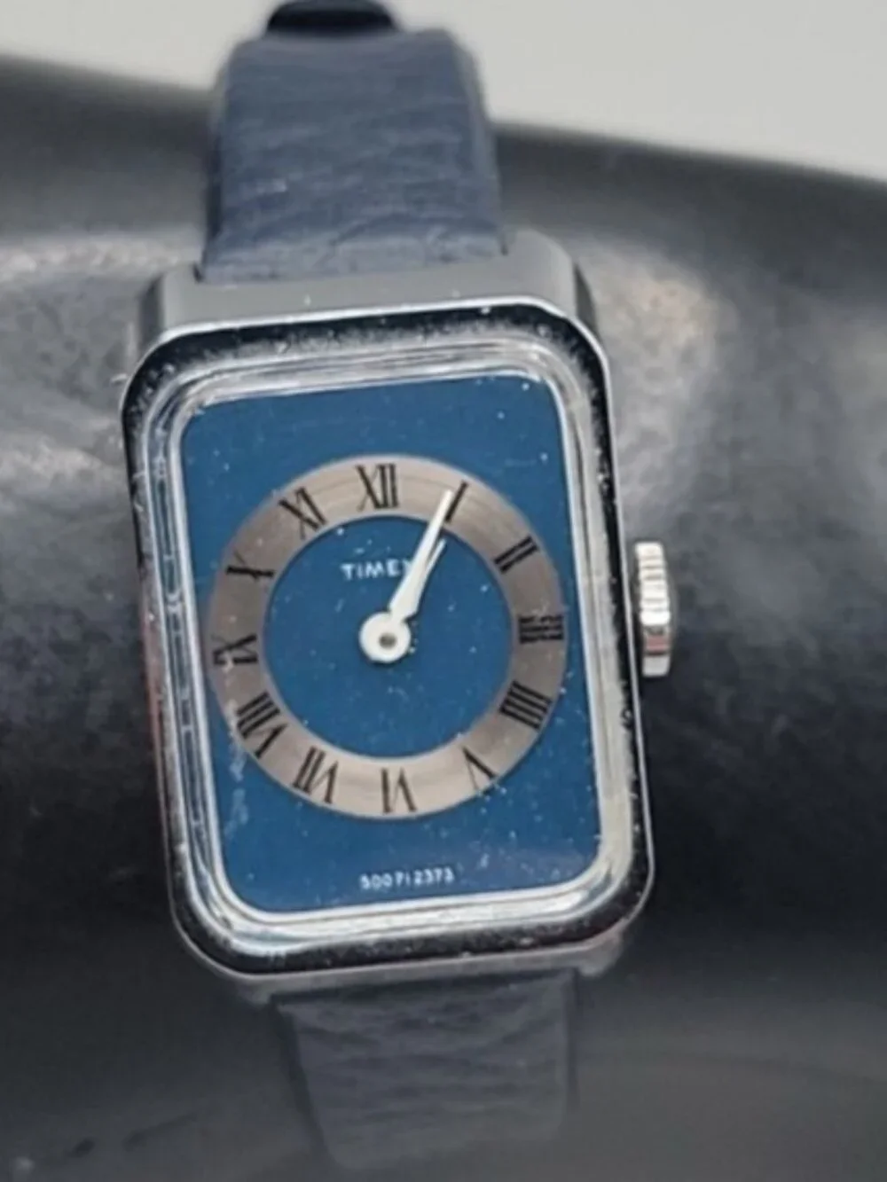 Vintage 1973 Timex Ladies Tank Watch Blue Roman Numeral Dial Chrome Plated Runs